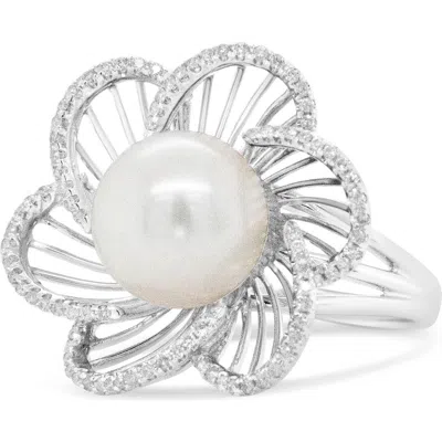 Haus Of Brilliance 14k White Gold 11mm Pearl And 1/3 Cttw Diamond Openwork Flower Blossom Ring In Brown