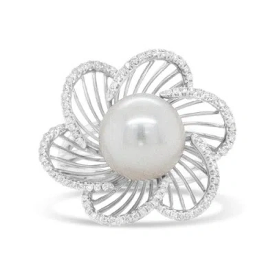 Haus Of Brilliance 14k White Gold 11mm Pearl And 1/3 Cttw Diamond Openwork Flower Blossom Ring In Brown