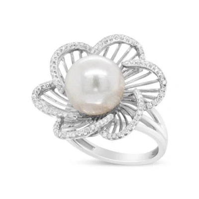 Haus Of Brilliance 14k White Gold 11mm Pearl And 1/3 Cttw Diamond Openwork Flower Blossom Ring In Brown
