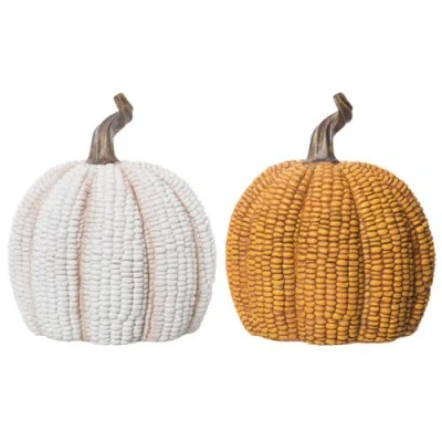 Transpac Set Of 2 Resin Corn Pumpkin Decorative Figurines For Fall In Multi