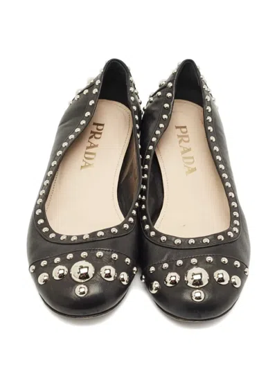 Pre-owned Prada Studded Leather Ballet Flats In Black