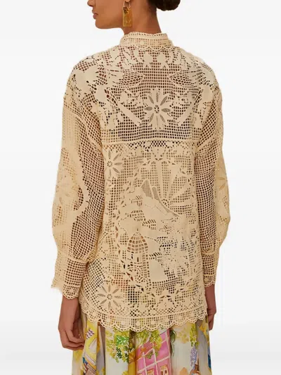Farm Rio Floral-lace Long-sleeves Shirt In Brown