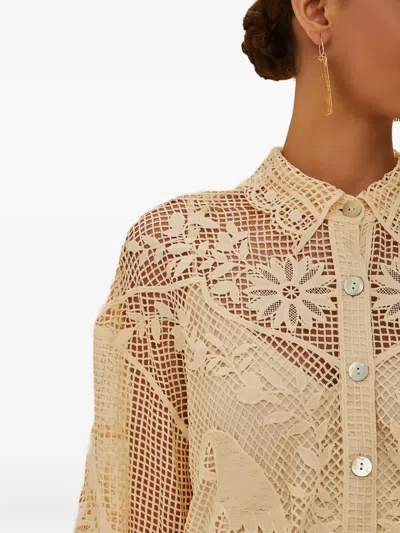 Farm Rio Floral-lace Long-sleeves Shirt In Brown