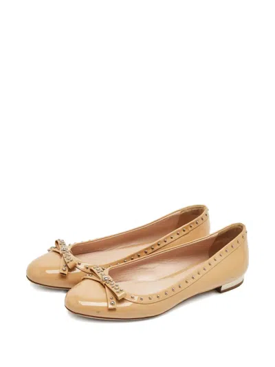 Pre-owned Miu Miu Studded Leather Ballet Flats In Neutral