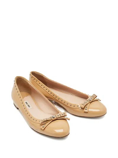 Pre-owned Miu Miu Studded Leather Ballet Flats In Neutral