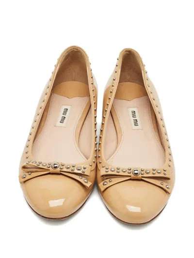 Pre-owned Miu Miu Studded Leather Ballet Flats In Neutral