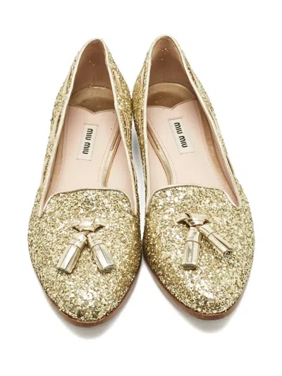 Pre-owned Miu Miu Glitter Tassel Smoking Slippers In Gold