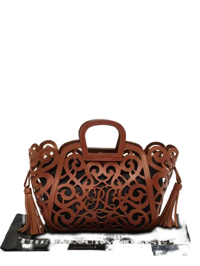 Pre-owned Polo Ralph Lauren Vintage Scroll-work Leather Tote Bag In Brown
