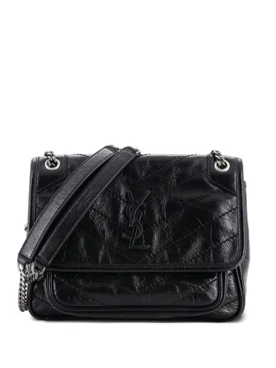 Pre-owned Saint Laurent Niki Chain Flap Bag Matelasse Chevron Leather Baby Shoulder Bag In Black
