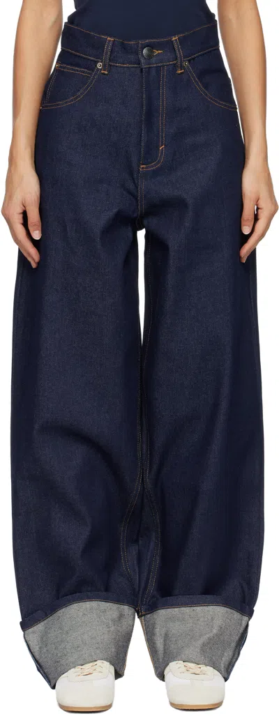 Charles Jeffrey Loverboy Navy Loose Fit Knitted Pocket Waisted Jeans In Blue