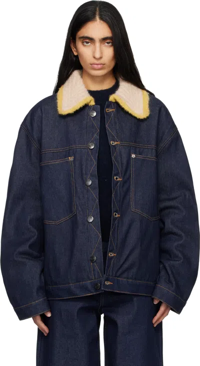 Charles Jeffrey Loverboy Navy Knitted Collar Denim Jacket In Blue
