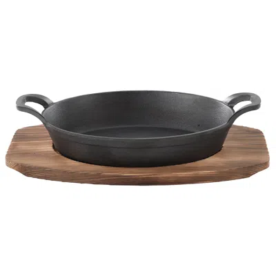 Megachef Mini Cast Iron Oval Pan With Wood Tray In Black