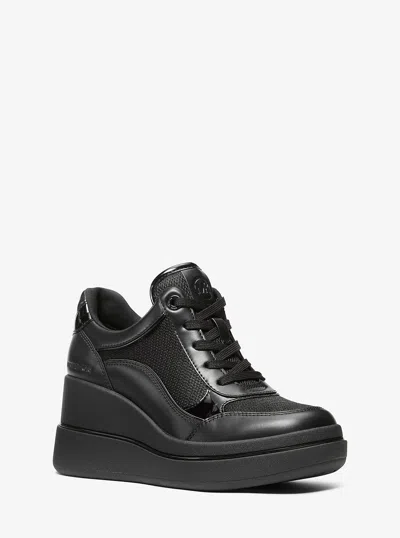 Michael Kors Emmy Leather And Mesh Wedge Trainer In Black