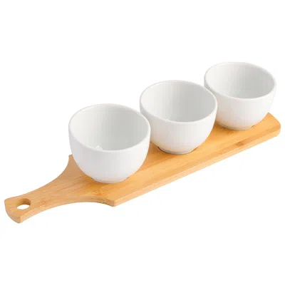 Gibson Gracious Dining 3 Piece White Fine Ceramic Tidbit Bowl Set With Bamboo Serving Tray In White