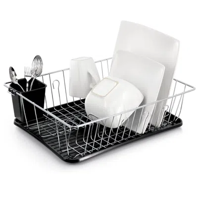 Megachef 16 Inch Chrome Plated And Plastic Counter Top Drying Dish Rack In Black In White