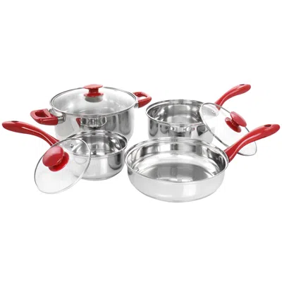 Gibson Home Crawson 7 Piece Stainless Steel Cookware Set In Chrome With Red Handles In Transparent