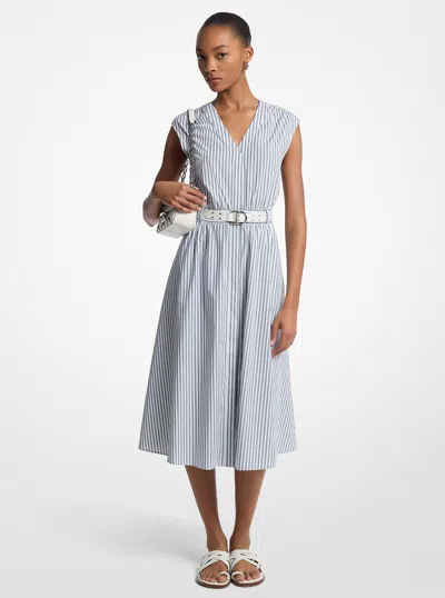 Michael Kors Striped Cotton Poplin Belted Midi Dress In White