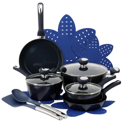 Oster Hawke 14 Piece Ceramic Nonstick Cookware Set In Dark Blue In Multi