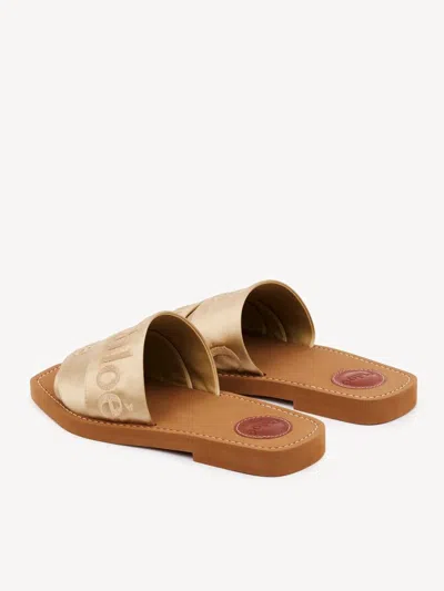 Chloé Woody Satin Flat Logo Ribbon Slide Sandals In Brown