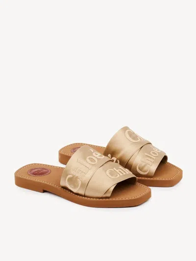 Chloé Woody Satin Flat Logo Ribbon Slide Sandals In Brown