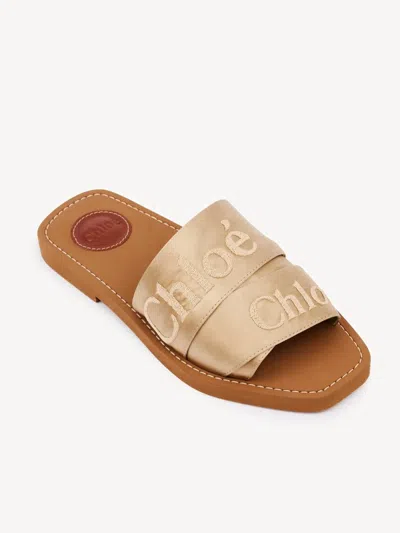 Chloé Woody Satin Flat Logo Ribbon Slide Sandals In Brown