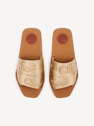 Chloé Woody Satin Flat Logo Ribbon Slide Sandals In Brown