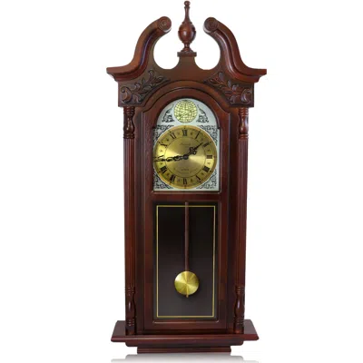 Bedford Clock Collection 38 Inch Grand Antique Chiming Wall Clock With Roman Numerals In A In A Cherry Oak Finish In Brown