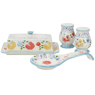 Gibson Elite Anaya 5 Piece Hand Painted Stoneware Table Accessory Set In White