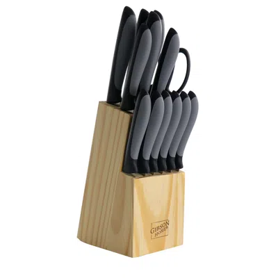Gibson Home Dorain 14 Piece Stainless Steel Cutlery Set In Black With Wood Block In Black