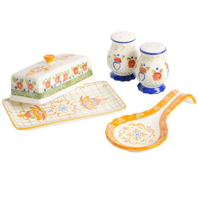 Laurie Gates Tierra 4 Piece Hand Painted Ceramic Tableware Accessory Set In Multi