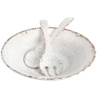 Laurie Gates Mauna 3 Piece Melamine Serving Bowl Set In White With Serving Utensils In White