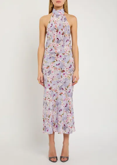 Balmain Poppy Floral-print Silk Midi Dress In Purple