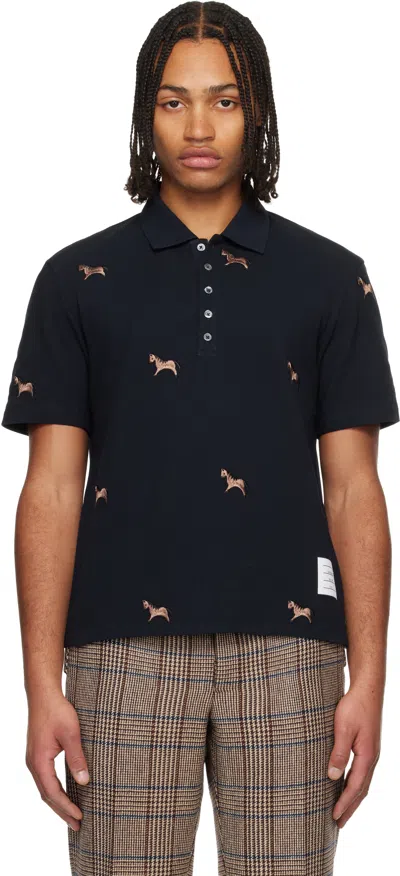 Thom Browne Navy Horse Half Drop Embroidery Short Sleeve Polo In Black