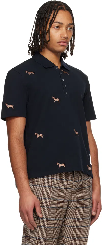 Thom Browne Navy Horse Half Drop Embroidery Short Sleeve Polo In Black