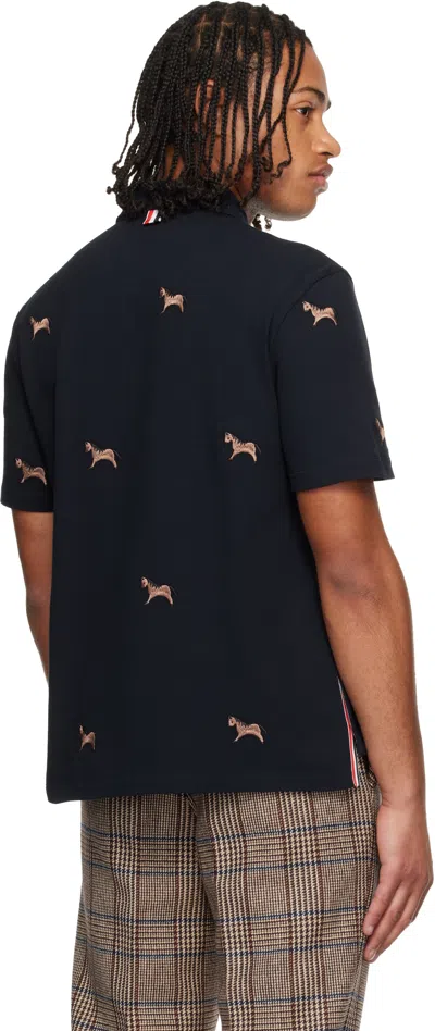 Thom Browne Navy Horse Half Drop Embroidery Short Sleeve Polo In Black