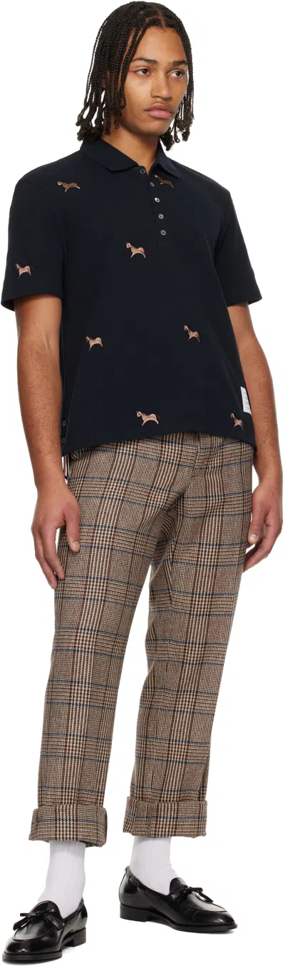 Thom Browne Navy Horse Half Drop Embroidery Short Sleeve Polo In Black