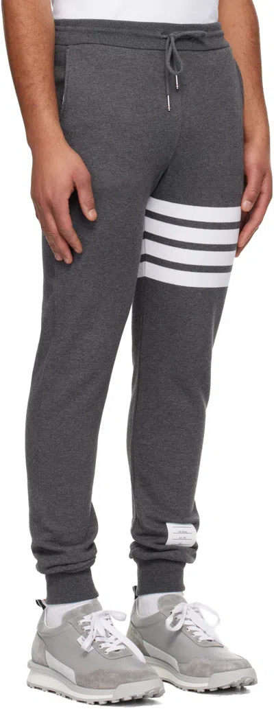 Thom Browne Tapered Grey Cotton Jogger Pants With Ribbed Cuffs And Signature Accents In Gray
