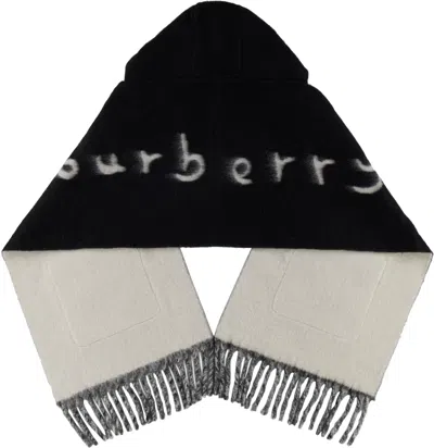 Burberry Black Logo Alpaca Wool Blend Hooded Scarf In Black