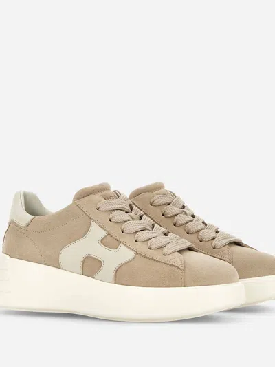 Hogan Leather Sneakers Rebel Panelled Platform Round Suede In White