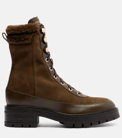 Aquazzura Very Cortina Shearling-trimmed Suede Lace-up Boots In Green