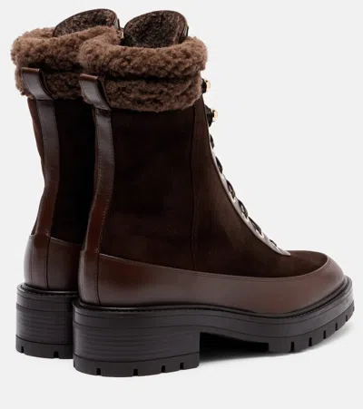 Aquazzura Very Cortina Shearling-trimmed Suede Lace-up Boots In Brown