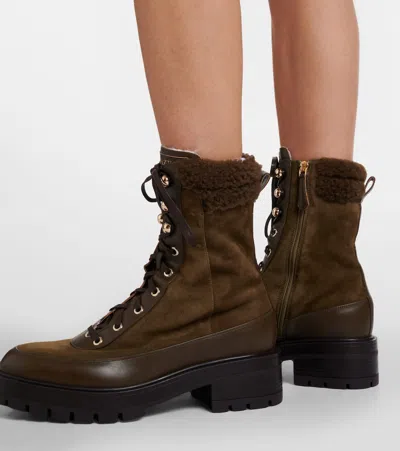 Aquazzura Very Cortina Shearling-trimmed Suede Lace-up Boots In Green