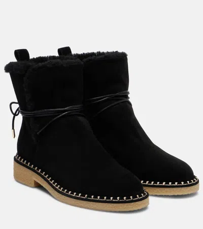Aquazzura Megeve Shearling-trimmed Suede Ankle Boots In Black