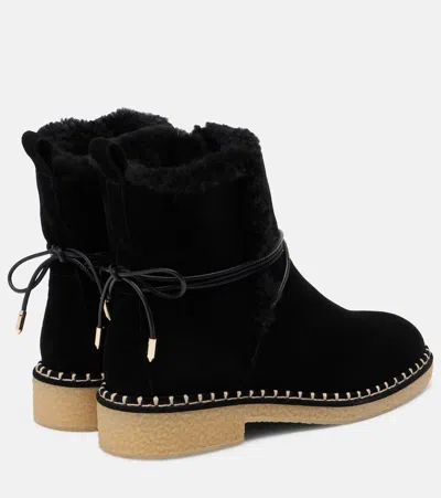 Aquazzura Megeve Shearling-trimmed Suede Ankle Boots In Black