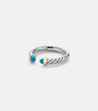 David Yurman Petite Cable Sterling Silver Ring With Turquoises In Brown