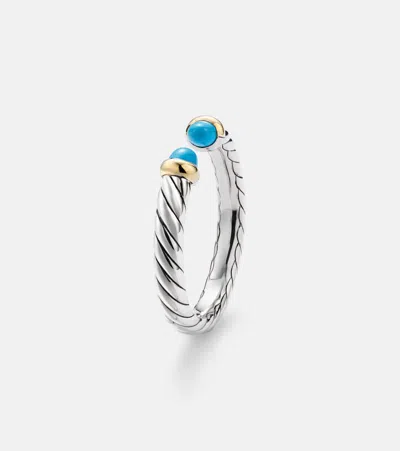 David Yurman Petite Cable Sterling Silver Ring With Turquoises In Brown