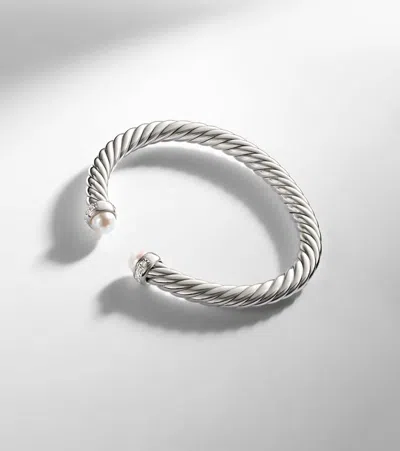 David Yurman Cable Flex 925 Sterling Silver Bracelet With Diamonds And Pearls In Silver