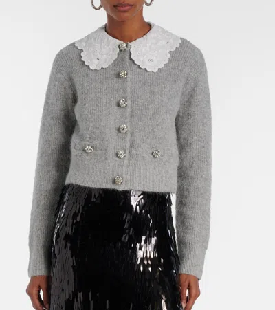 Self-portrait Embellished Lace-trimmed Cardigan In Gray