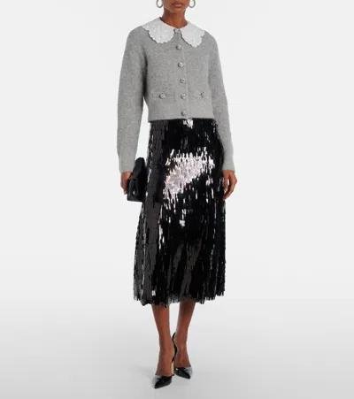 Self-portrait Embellished Lace-trimmed Cardigan In Gray