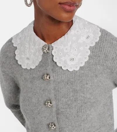Self-portrait Embellished Lace-trimmed Cardigan In Gray